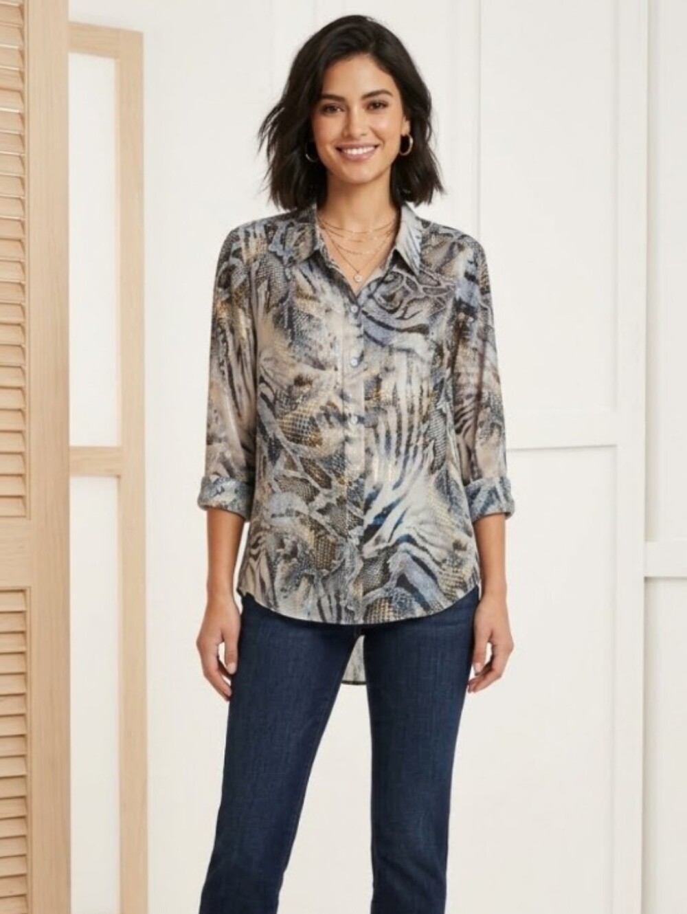 Karen Kane Snake Print Button-Up Blouse Size L NWOT